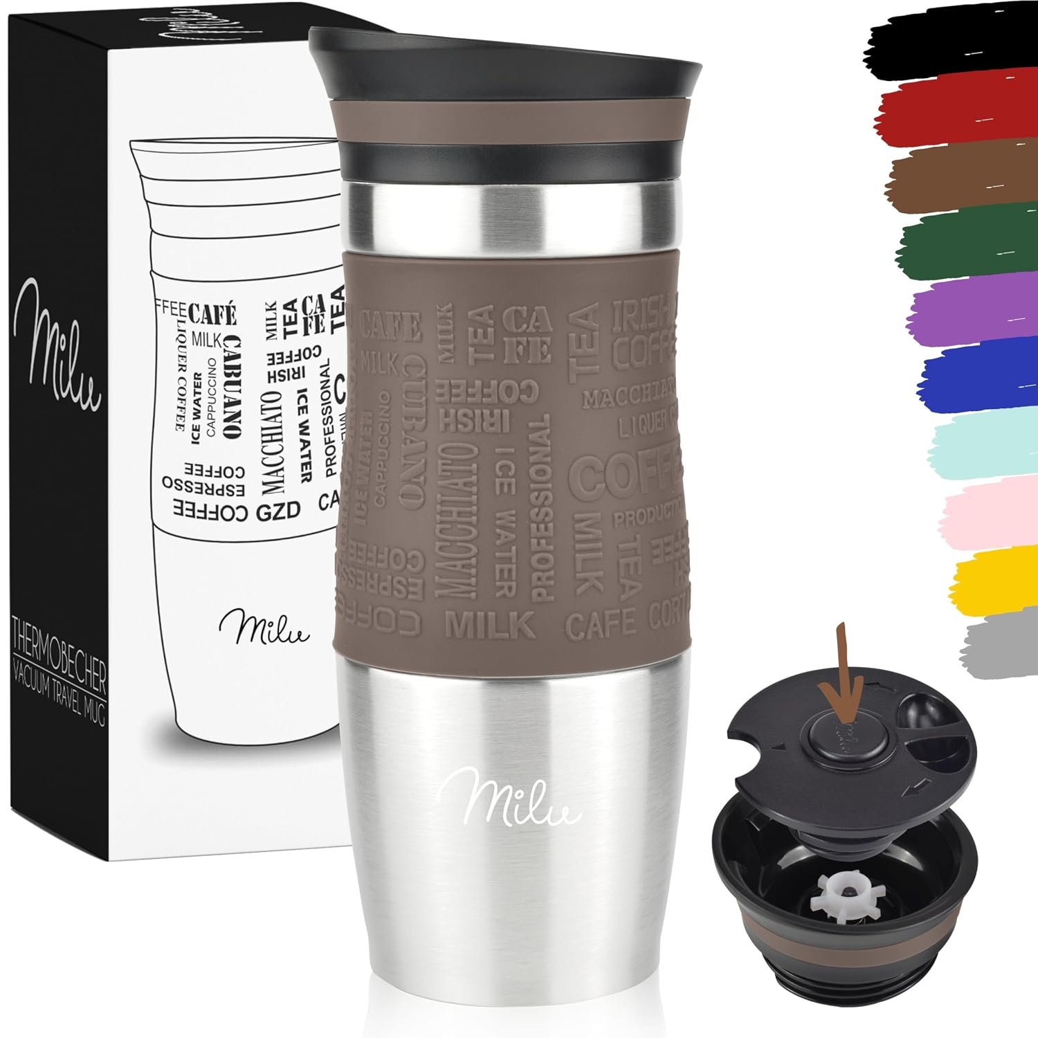 Milu Insulated Coffee Mug to Go - 370ml, 100% Leak Proof - Stainless Steel - Double Wall Insulation - Travel Mug - Brown
