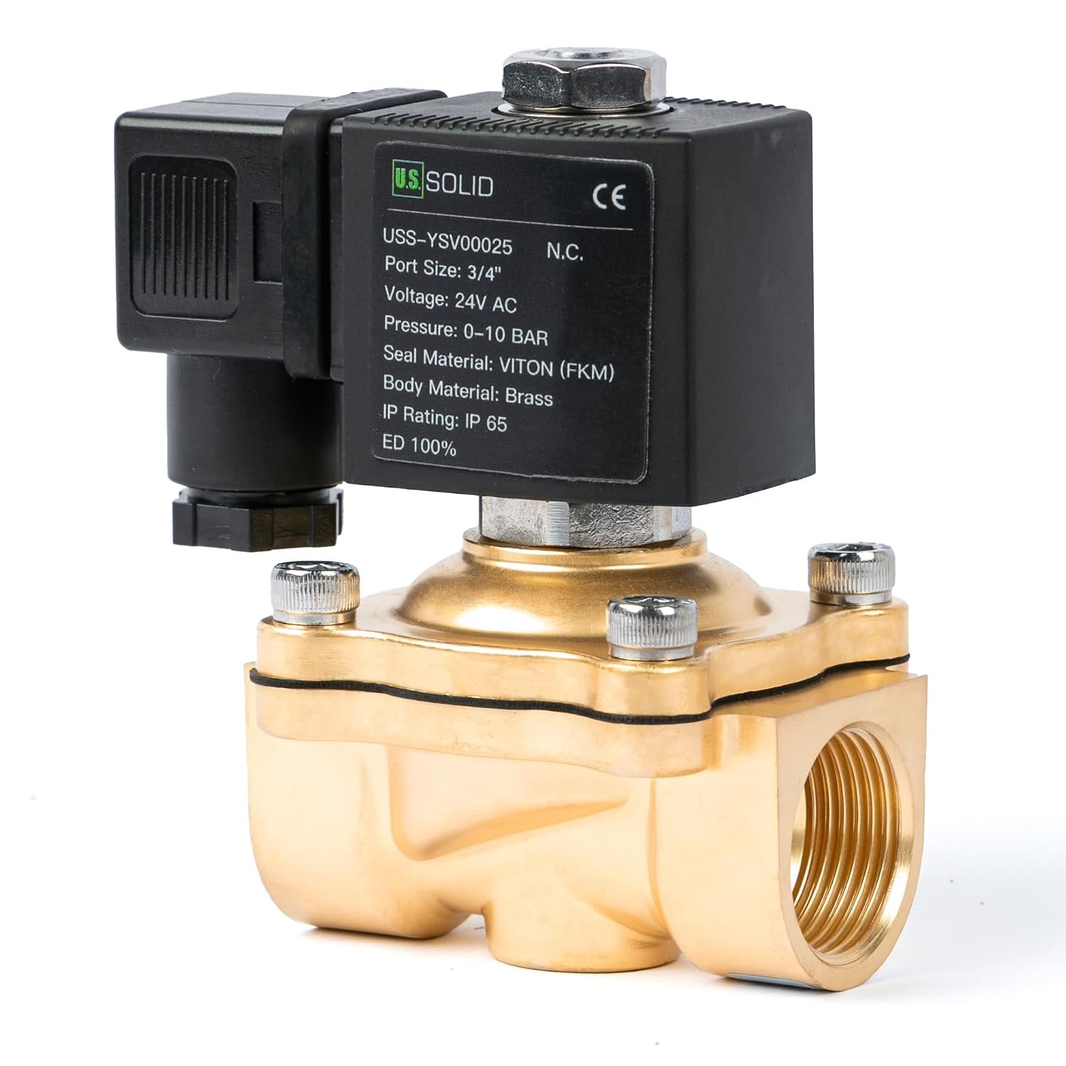 U.S. Solid 3/4" Brass Solenoid Valve 24V AC Normally Closed 10Bar G Thread Viton Seal for Water Air Diesel Kerosene Gasoline