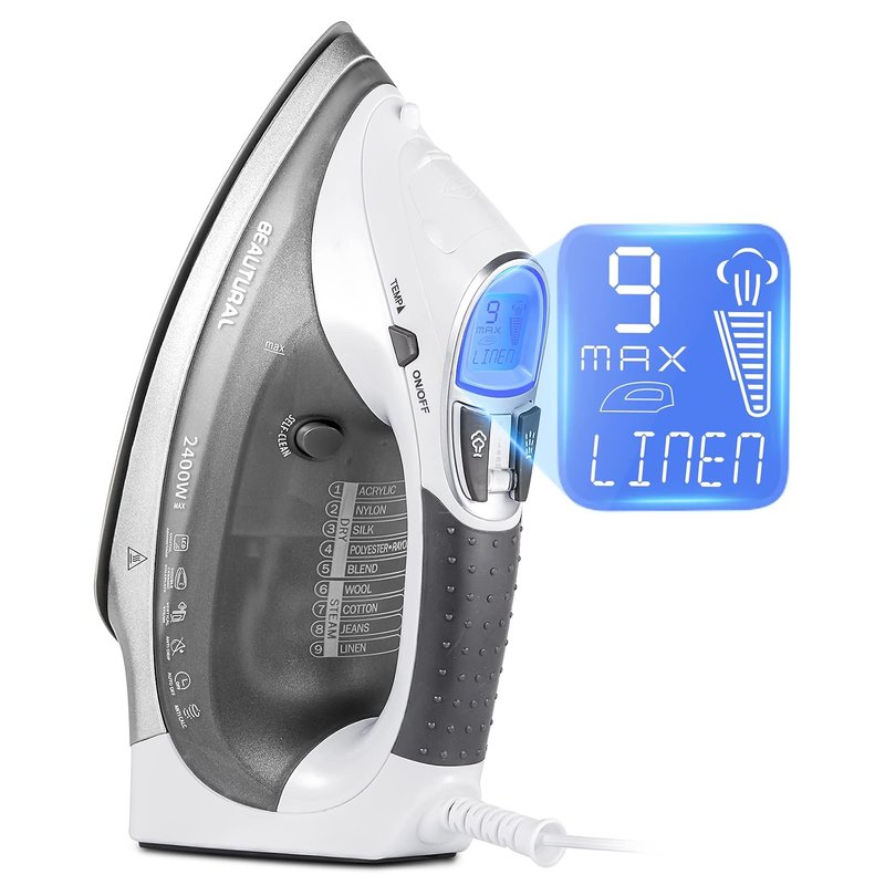 BEAUTURAL 2400 W Steam Iron with LCD Display, Variable Temperature and Double Ceramic Coated Soleplate, 8 ft Power Cord and 340ML Tank-White/Grey