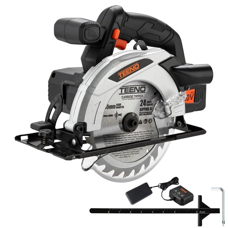 Cordless Circular Saw with 4.0Ah Lithium-Ion Battery TEENO,4000RPM Electric Circular Saw with Electric Brake,Adjustable Cutting Depth and Angle,Max38mm (45°),54mm (90°) (One Battery)