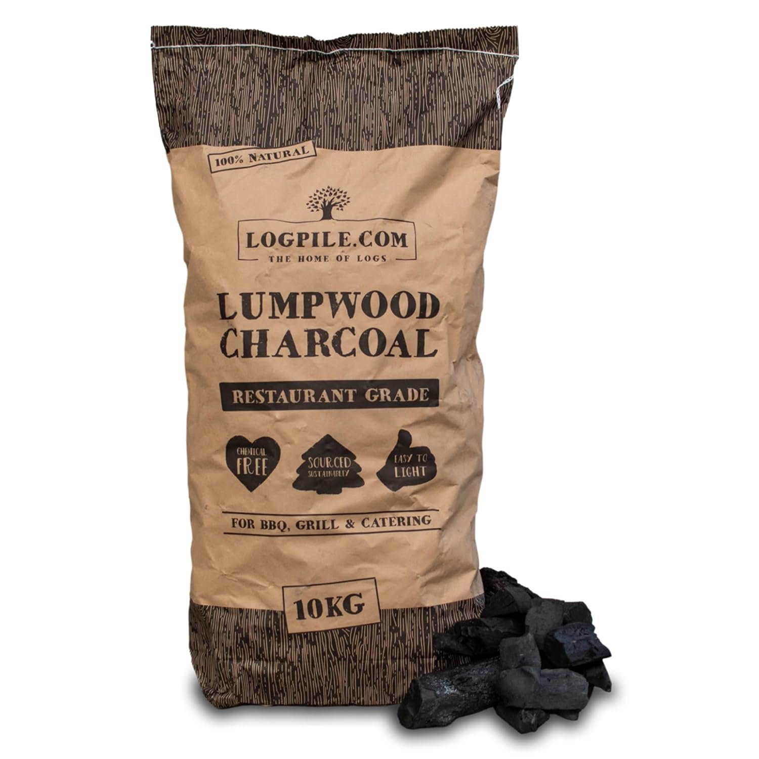 Logpile - Lumpwood Charcoal for BBQs (1x10kg) | Premium Restaurant Grade Smokeless Coal for Barbecues, Smoker & Pizza Oven | Big Chunks for Long-Burning Fuel, Perfect for Outdoor Cooking | 70L Bag