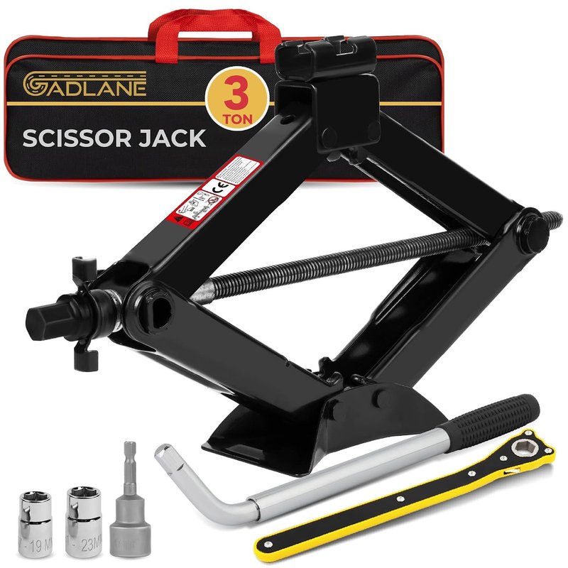 GADLANE Scissor Jack Kit - 3 Ton Portable Heavy Duty Car Jack Kit with Socket Drill Adapter, Extendable Wrench, Ratchet for Easy Lifting Cars/SUVS/Sedans, Storage Bag (Lifting Range: 3.9-15.3")