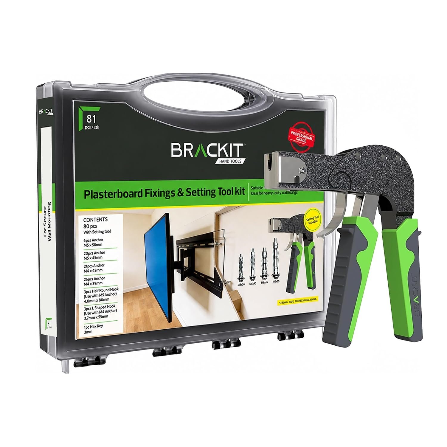 Brackit Plasterboard Fixing 88 Piece Wall Anchor Setting Tool Kit - in Carry Case with Instructions – for Cavity, Drywall & and Wall Mounting Includes Wall Hooks