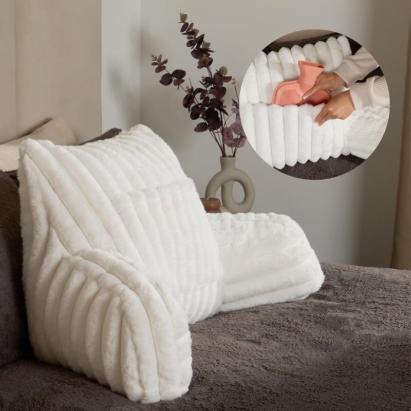 OHS Cuddle Cushion for Adults, Ribbed Faux Fur Comfy Reading Pillows Sofy Cosy Gaming Cushion with Heatable Pocket Support Pillow with Arms Relaxing Comfy, Cream