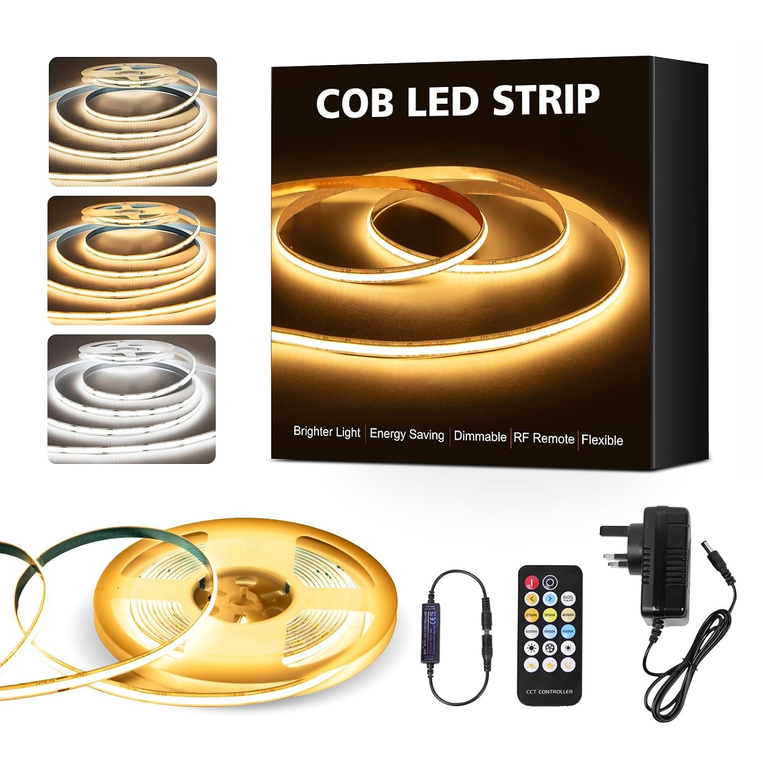 CCT COB LED Strip Lights 5M, 560LEDs/M,16.4Ft Dimmable 2700K-6500K 24V Tunable White LED Light Strip Kit, High Density CRI 90+ LED Strips with Remote & Power Supply for Bedroom Kitchen Home Decoration