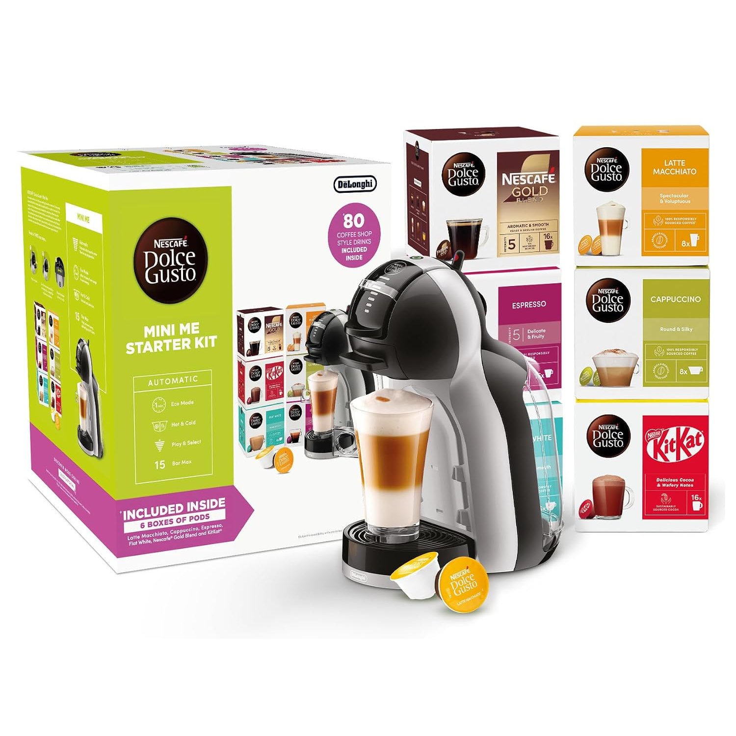 NESCAFÉ Dolce Gusto EDG155.BG Mini-Me Automatic Coffee Machine Black & Arctic Grey by De’Longhi - Starter Kit