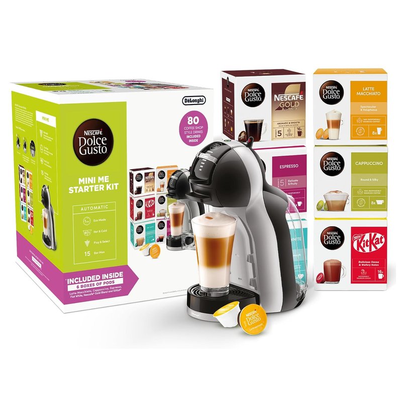 NESCAFÉ Dolce Gusto EDG155.BG Mini-Me Automatic Coffee Machine Black & Arctic Grey by De’Longhi - Starter Kit