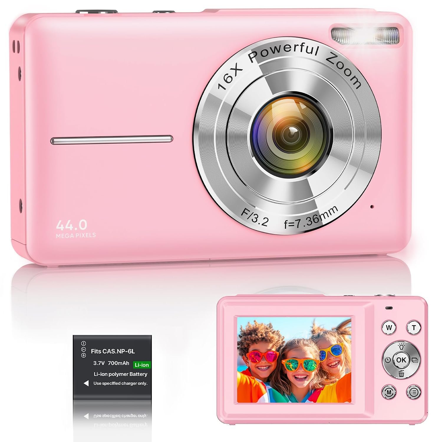 Digital Camera 1080P 44MP Vlogging Camera for Kids Teens, FHD Compact Portable Photo Camera with 2.4" Screen 16X Zoom, Anti-shake Mini Camera for Beginners Students Boys Girls-Pink(No SD Card)