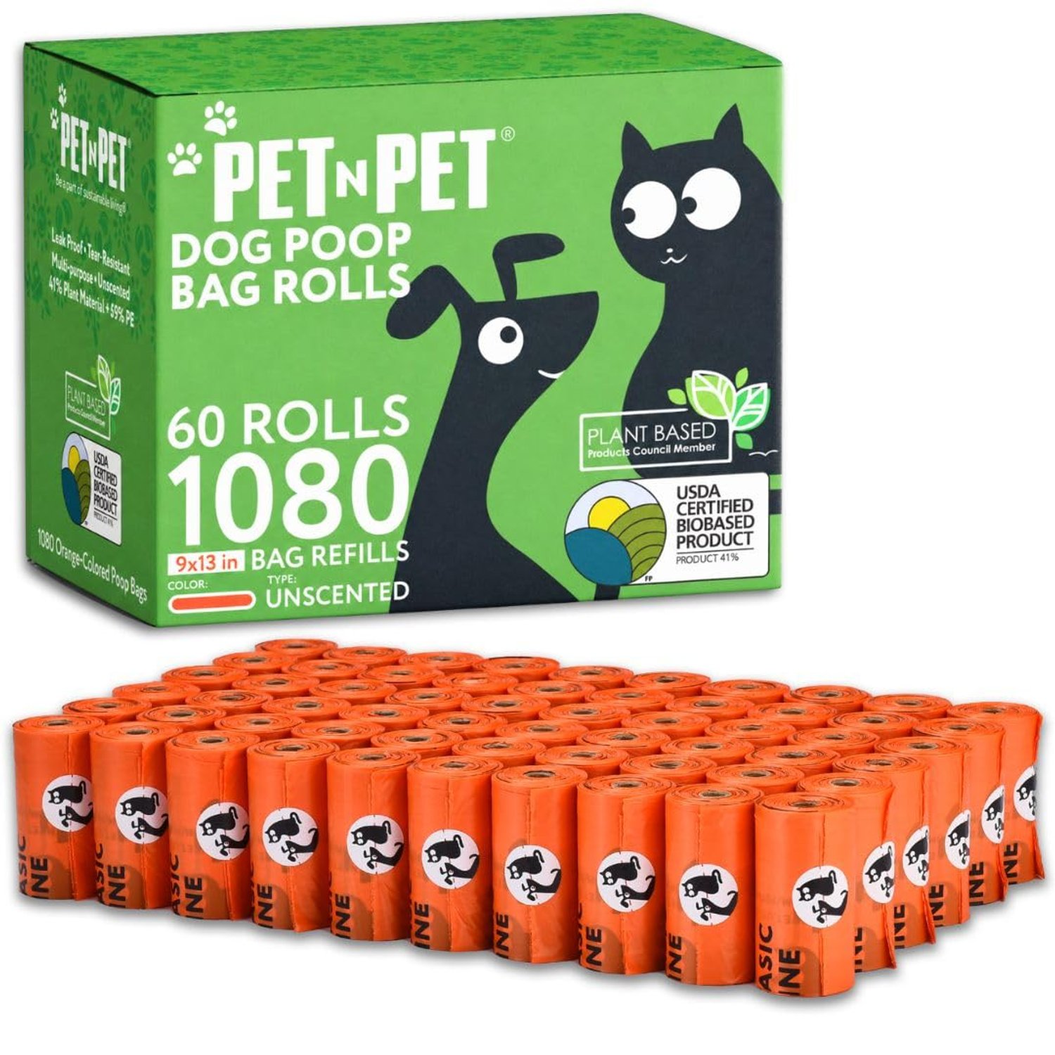 PET N PET 1080 Count Poo Bags Dogs USDA Certified 41% Plant based 72 Thick Dog Poop Bags Rolls 9x13 Leak-Proof Orange Unscented