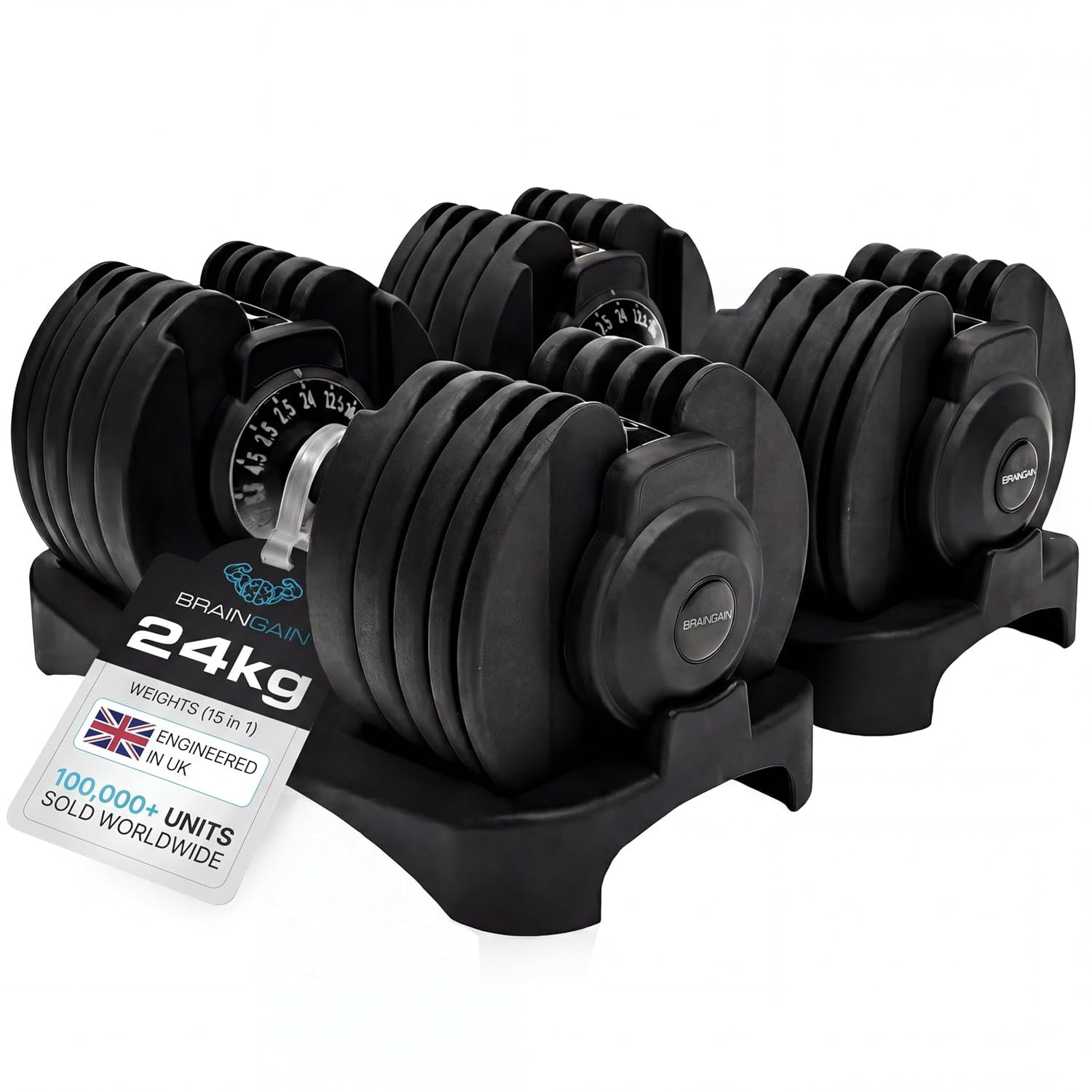 BRAINGAIN 15 in 1 Adjustable Dumbbells 24kg Pair, Quick Change Weights, Space Saving Home Gym Set, Secure Locking System, Non Slip Grip, Includes Storage Dock