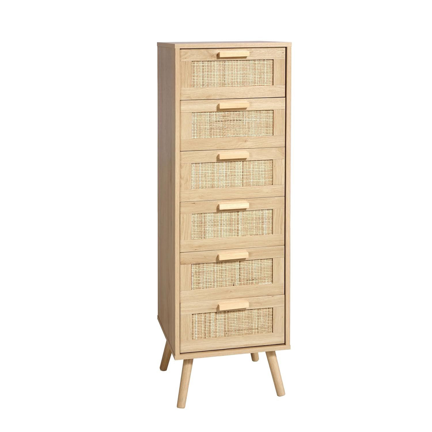 Finnhomy Rattan Chest of Drawers Bedroom, Tall Chester of Drawers with 6 Hand Made Rattan Decorated Drawers for Bedroom, Small Bedside Cabinet with Wood Legs, Natural