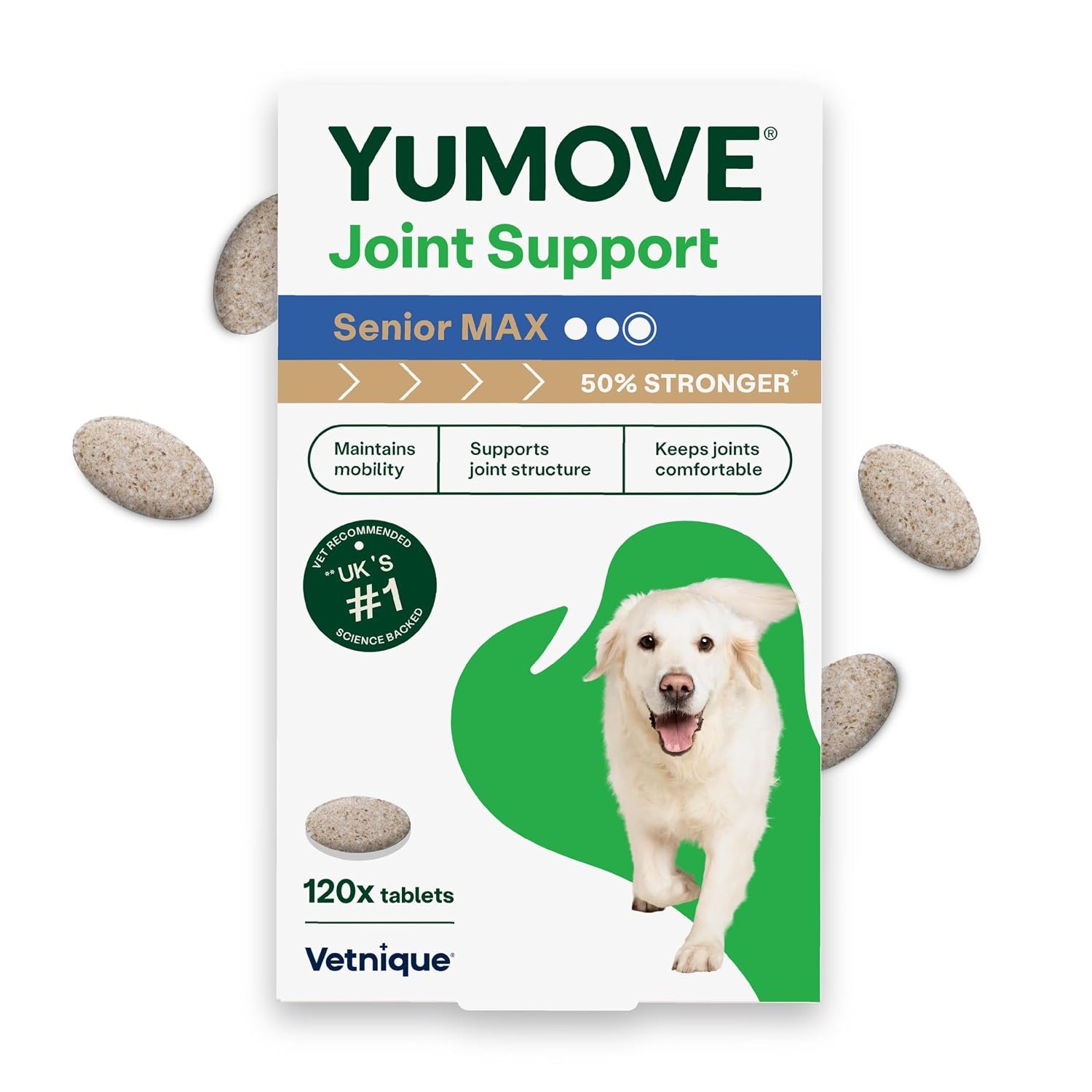 YuMOVE Max Strength Joint Supplement for Senior Dogs, Joint Care with Glucosamine, Chondroitin and Green Lipped Mussel, Age 8+, 120 Tablets