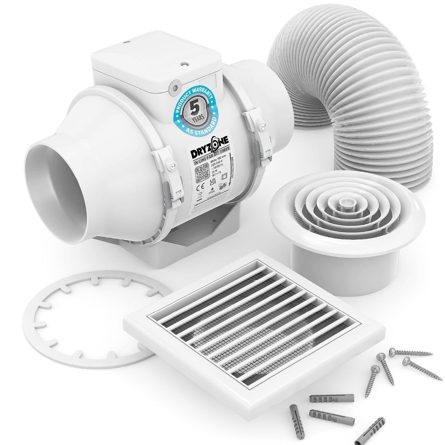 Dryzone In-Line Extractor Fan Kit with Timer (100mm, White) | For Lofts or Ceiling Voids | Includes External & Internal Vents, Flexible Ducting
