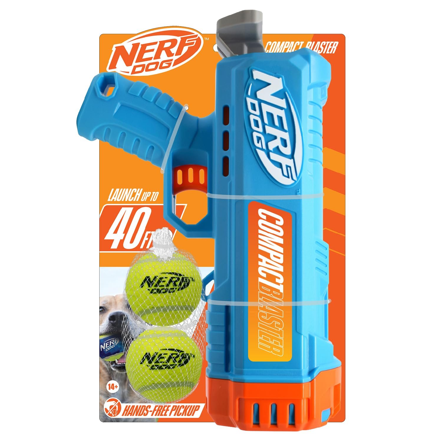 Nerf Dog Compact Ball Blaster Gift Set, Includes 2.5-Inch Non-Squeaker Tennis Balls, Light Blue/Orange/Gray (2-Pack)