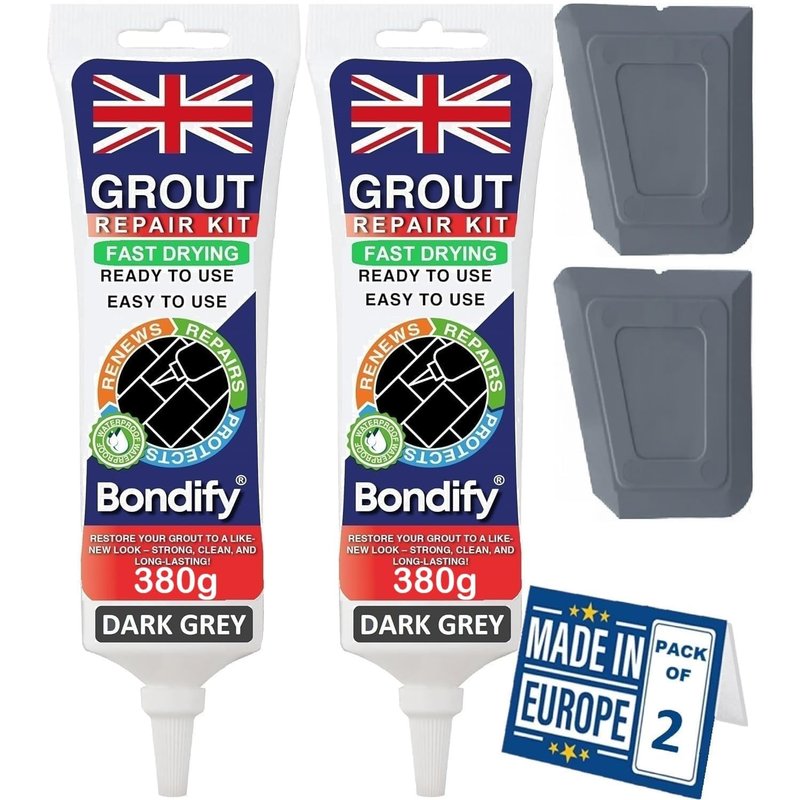 BONDIFY Waterproof Dark Grey Grout Ready Mixed, Grout Repair Kit, 380g x 2PCs, FAST DRYING, EXTRA VOLUME Anti Mould Dark Grey Tile Grout for Shower, Bathroom, Kitchen, Quick Drying Tile Gap Filler