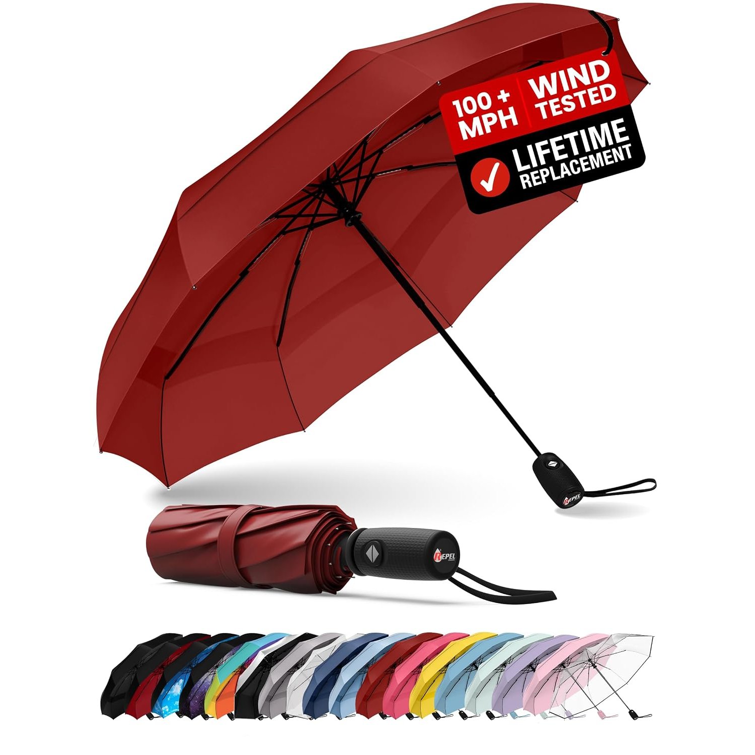 Repel Windproof Travel Umbrella - Compact & Withstands Winds up to 100MPH, Strongest Premium Auto Folding Umbrella for Rain and Sun - Durable, Light & Portable for Women & Men, Fits Backpack & Cars