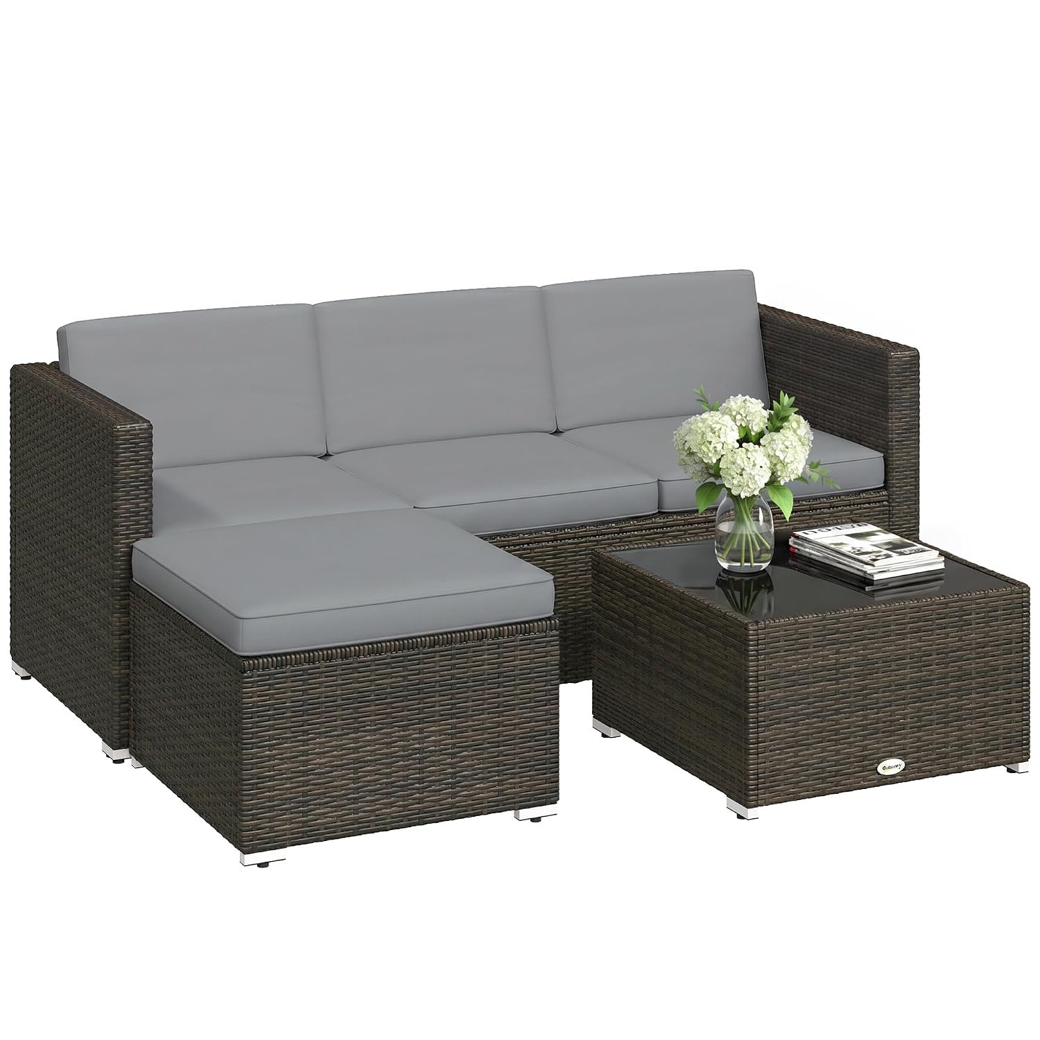 Outsunny 3 Piece Rattan Garden Furniture Set, Garden Corner Sofa, All-Weather Handwoven PE Wicker Sectional Sofa Set with Tempered Coffee Table, Ottoman, Washable Cushions, Brown