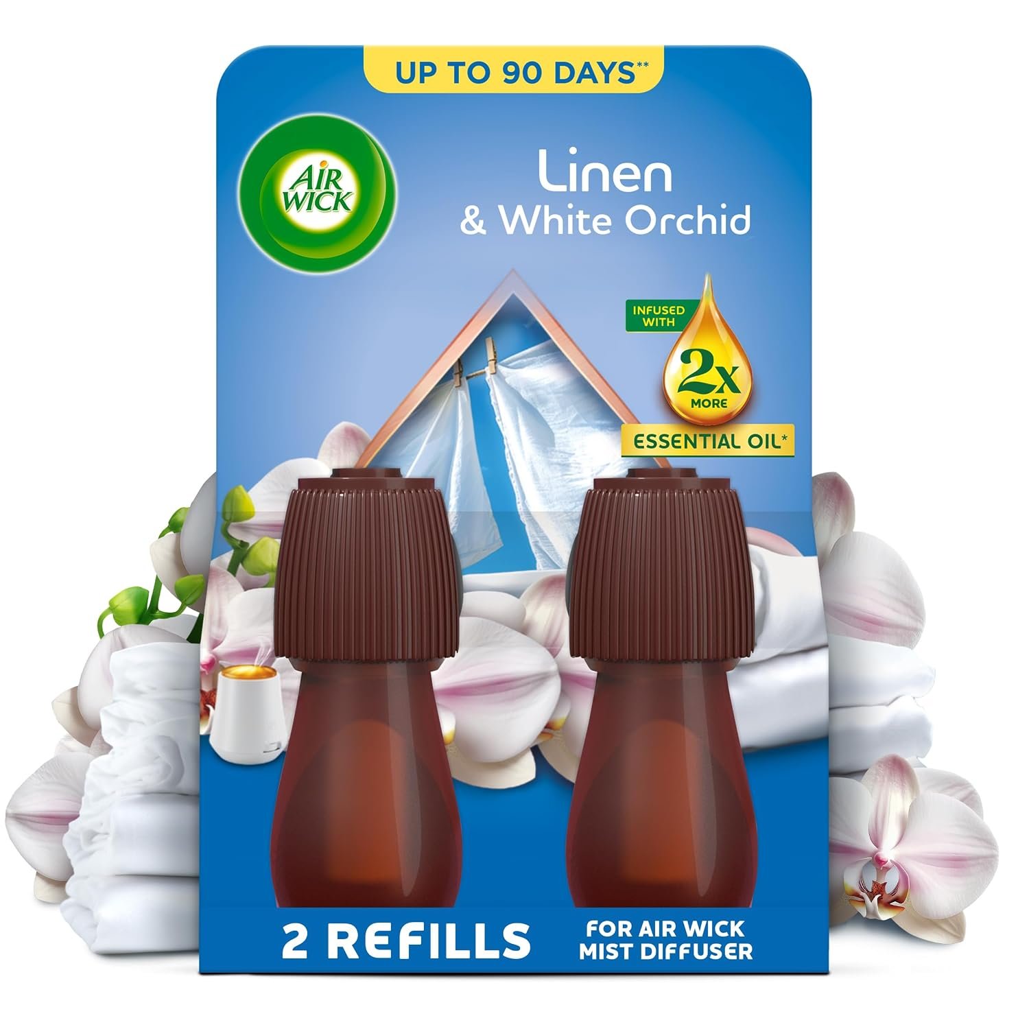 Air Wick Essential Mist Twin Refills, Linen & White Orchid, Pack 2 x 20ml, Natural Essential Oils, Last up to 90 days, Air freshener