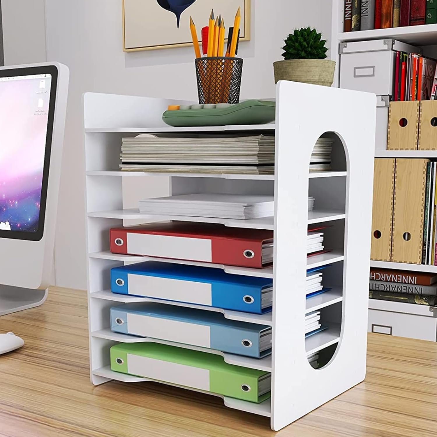 PUNCIA 7 Tiers Paper Tray A4 Desk Tidy Organiser Desktop White Filing Holder Office Mail Letter Sorter Document Notebooks Storage Rack for Home Office School Classroom