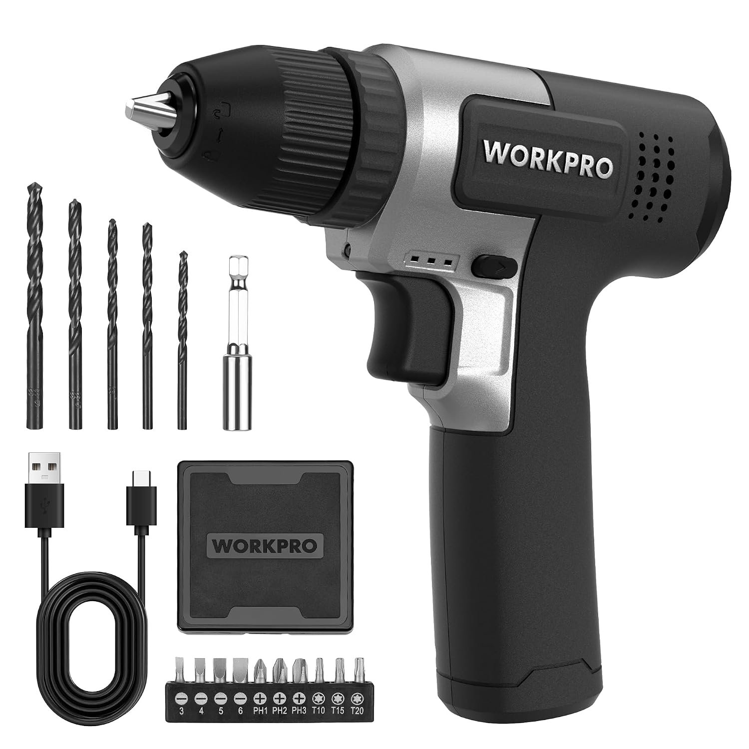 WORKPRO 8V Cordless Drill Driver, 3/8" Keyless Chuck Electric Driver, 12 N.m Max Combi Drill, 2Ah Rechargeable Battery, 16 Pieces Accessories, Black