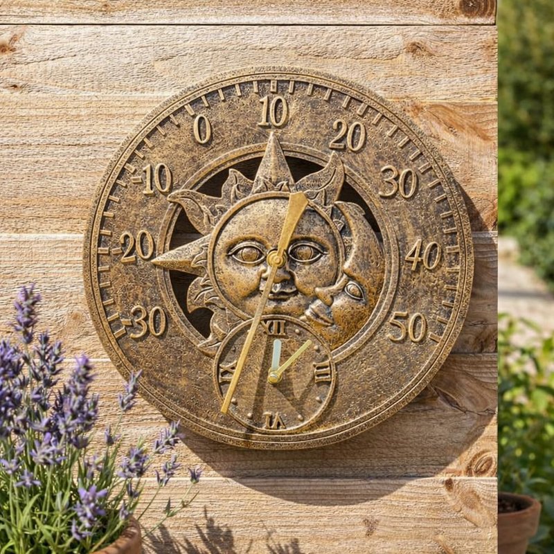 Garden Mile Large Bronze Sun & Moon Outdoor Clock and Thermometer - 30cm Weatherproof Round Wall Clock Thermometers - Outdoor Wall Ornaments for Garden Decor, Wall Clocks for Living Room & Kitchen