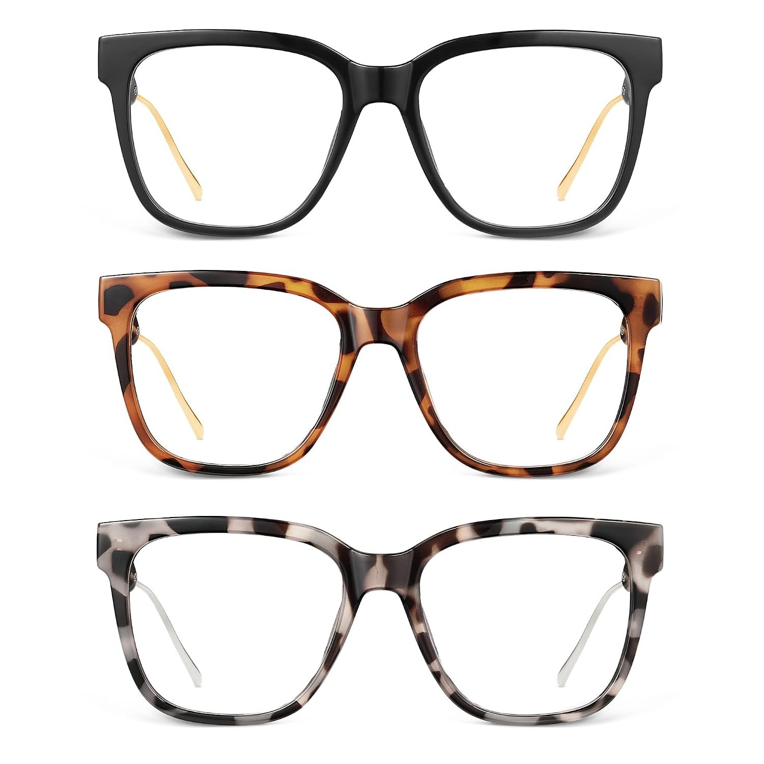 JM Oversized Reading Glasses Women - 3 Pack Large Square Blue Light Blocking Readers Glass for Ladies Men/W Spring Hinge +2.0