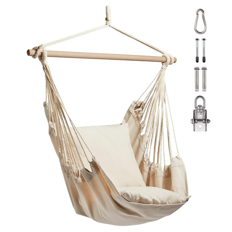 VonHaus Hanging Chair Outdoor with Attachments – Beige Garden Swing Seat & Hammock Chair, 1 Seater Rope Neutral Boho Style Portable Garden Seat for Garden, Patio, Terrace & Decking