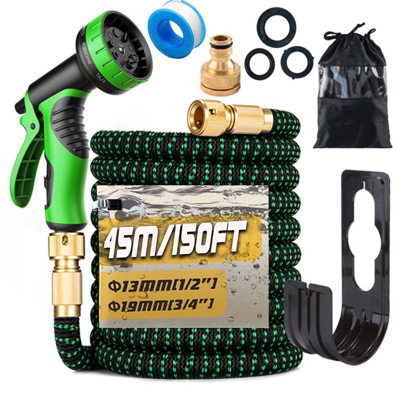 Gziztx 200FT/60M Expandable Garden Hose Flexible Magic Garden Hose Pipe with 3/4" 1/2" Fittings, 10 Function Spray Nozzle, 3-Layer Latex Tube (Black+Green)