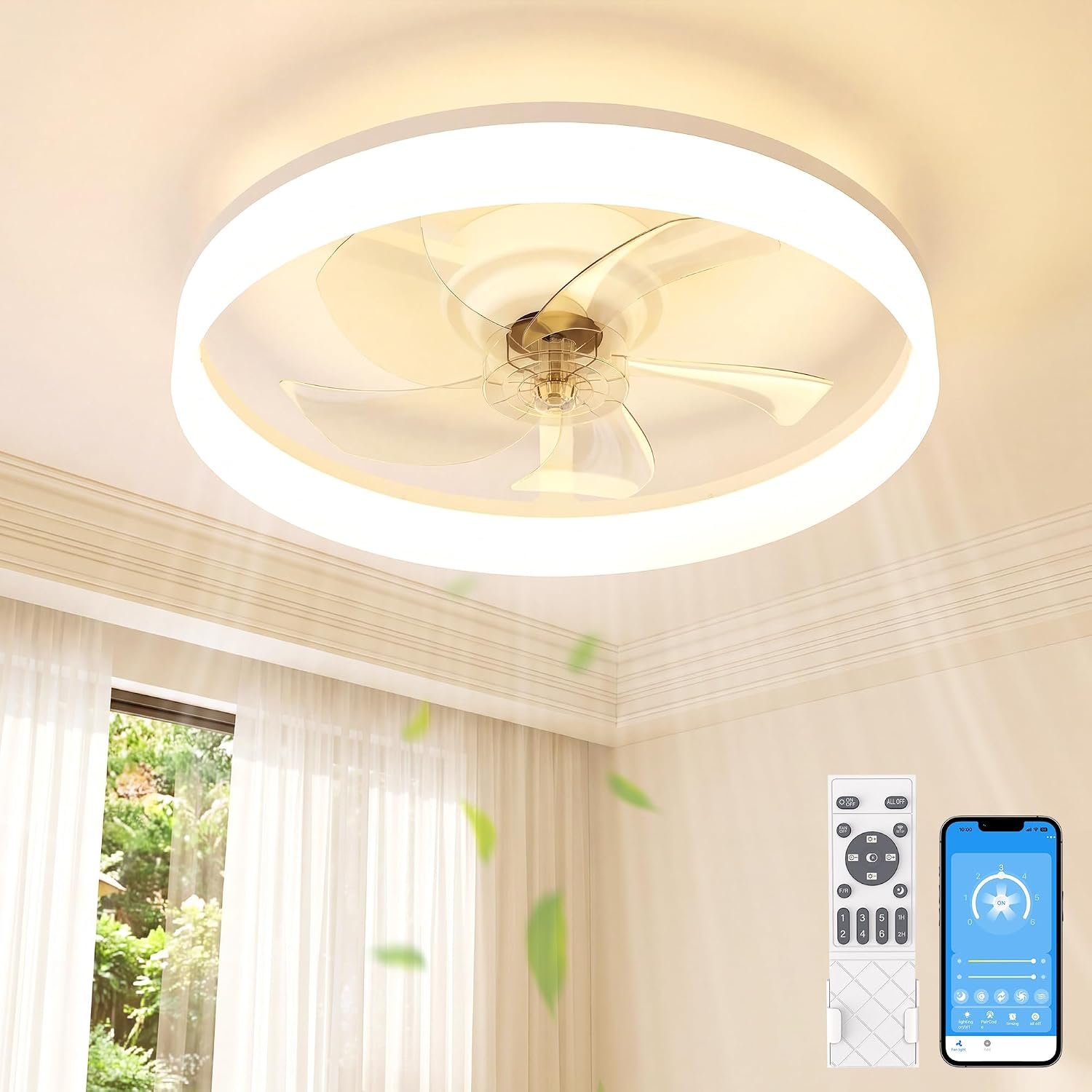 NIORSUN 60cm Ceiling Fans with Lights and Remote, 6 Speeds Modern Smart LED Ceiling Fan Light, 3000K-6500K Dimmable Quiet Fan Lights Ceiling for Bedroom Living Room Dining Room (White)
