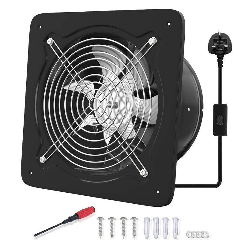 FanGoFast 6 Inch/150mm Kitchen Exhaust Fan 525m³/h Metal Extractor Fan with UK Plug Low Noise Stainless Steel Ventilation Fan for Warehouse Home Restaurant Garage (Black, 150mm)