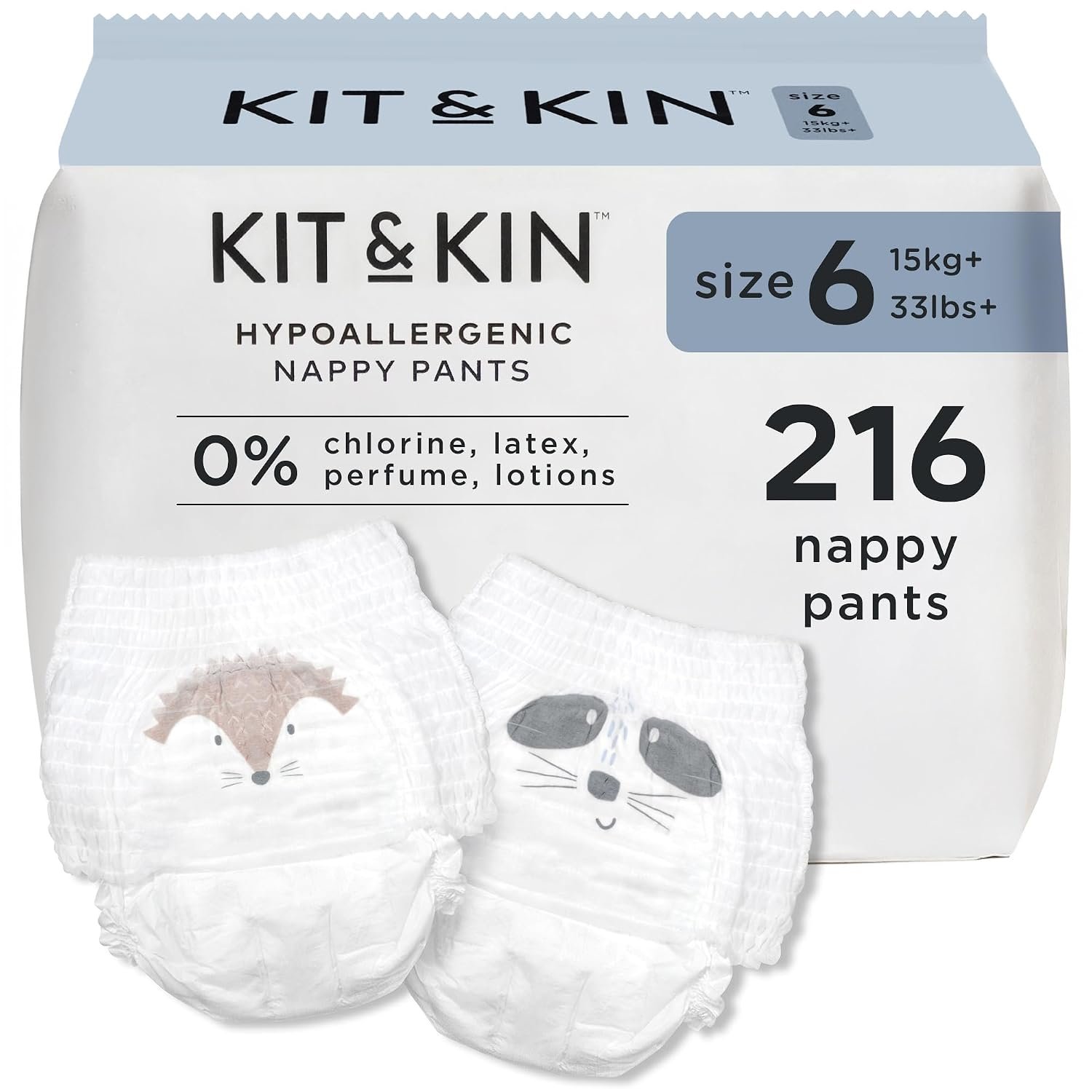 Kit & Kin Premium Nappy Pants Size 6 | 15+ kg / 33+ lbs | Maxi Pull Ups | 12 Packs / 216 Pants | Hypoallergenic | Vegan & Chlorine-Free | Superior up to 12 Hour Leak Protection