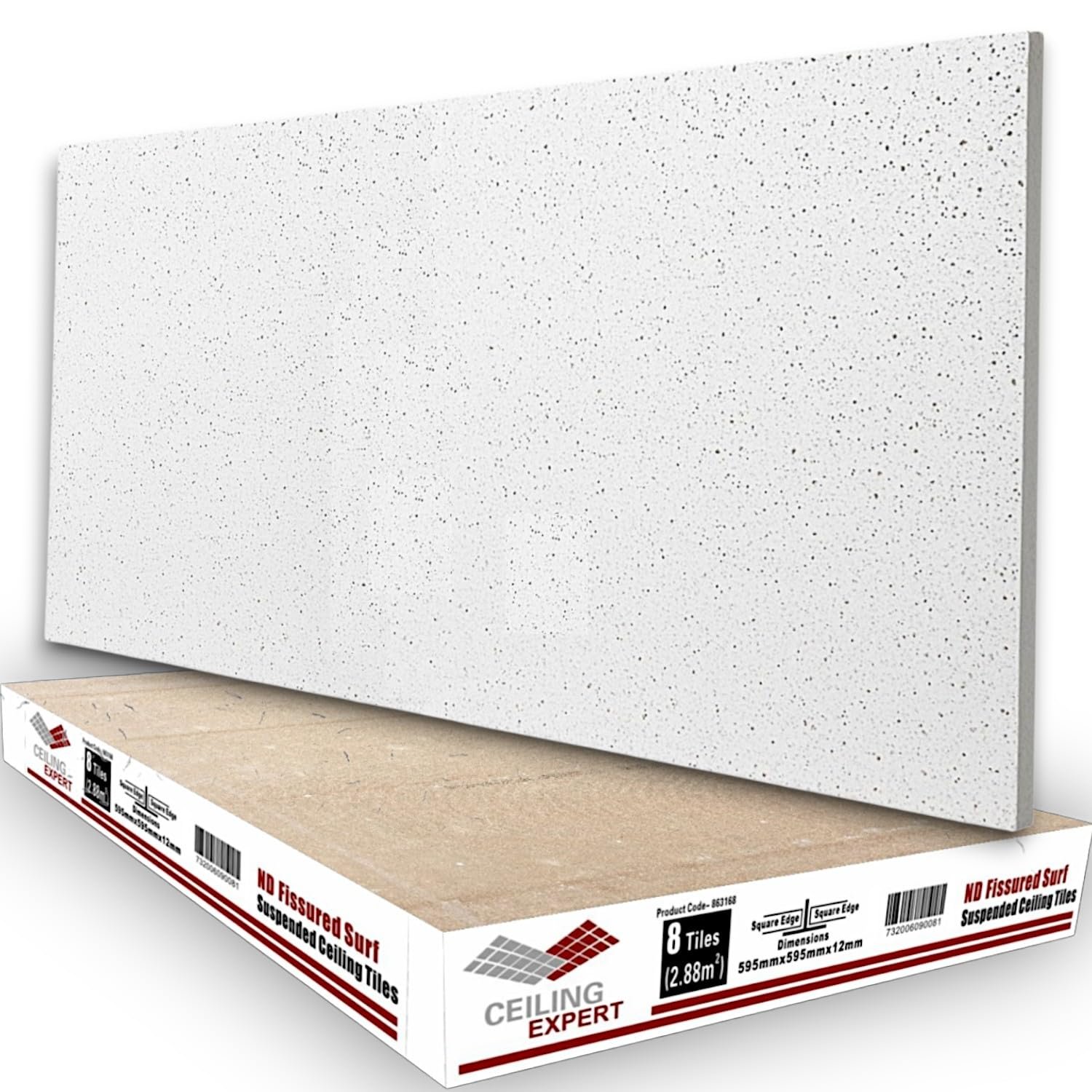 Suspended Ceiling Fine ND Fissured Board Office Acoustic Tiles, 1195mm x 595mm, Fit in a 1200mm x 600mm Grid System, 8 Tiles Box