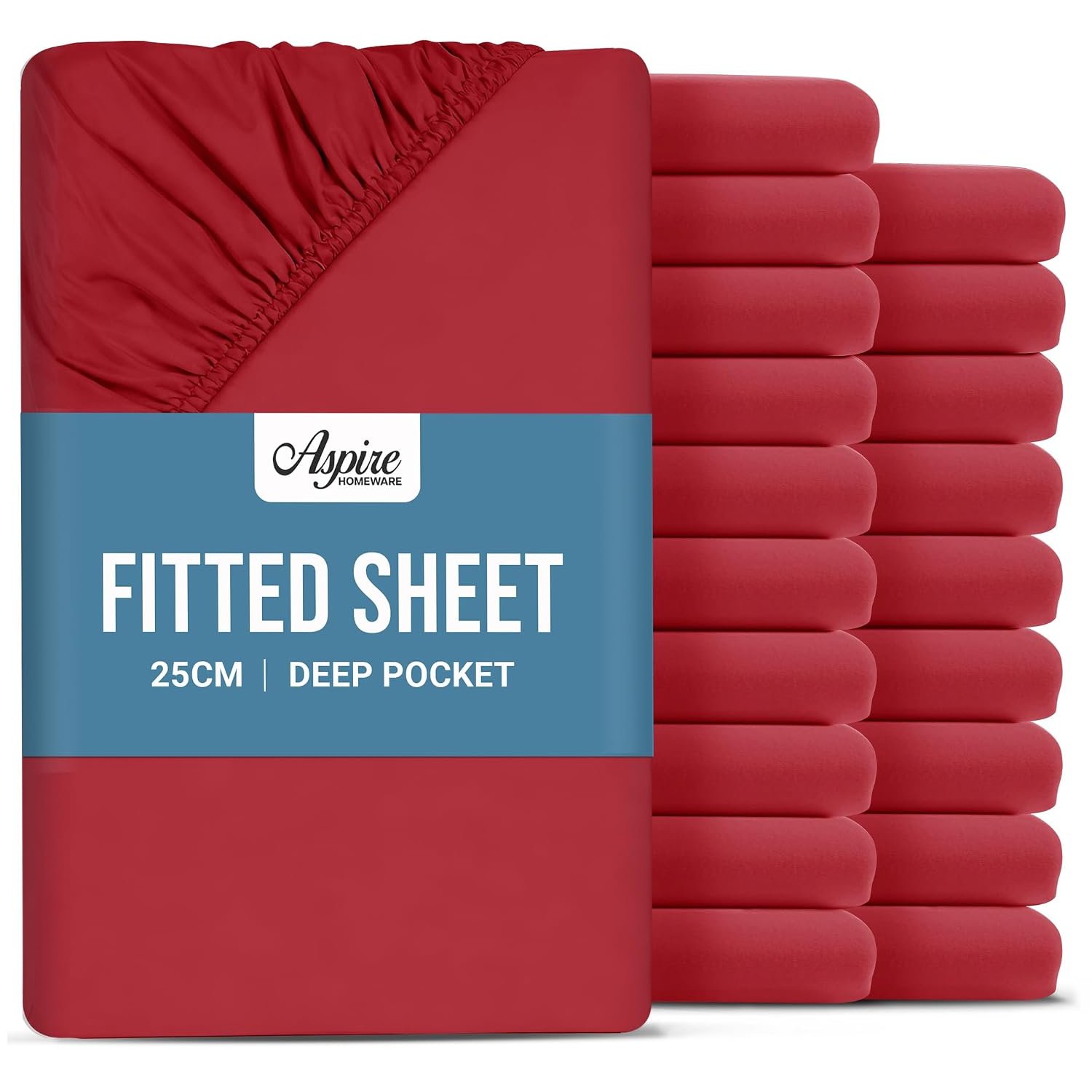 Aspire Homeware Single Fitted Sheet 20 Pack - 25 cm Deep Hotel Quality (Red) Bed Sheets - Soft & Breathable Fitted Sheet Single Bed - Anti-Wrinkle Easy Care Fitted Sheets
