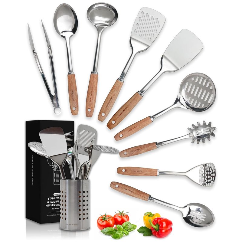 Home Hero Stainless Steel Kitchen Utensils Set - Nonstick Cooking Utensils Set - Heat Resistant Kitchen Essentials & Metal Kitchen Gadgets (10 pcs - Wood and Stainless Steel)