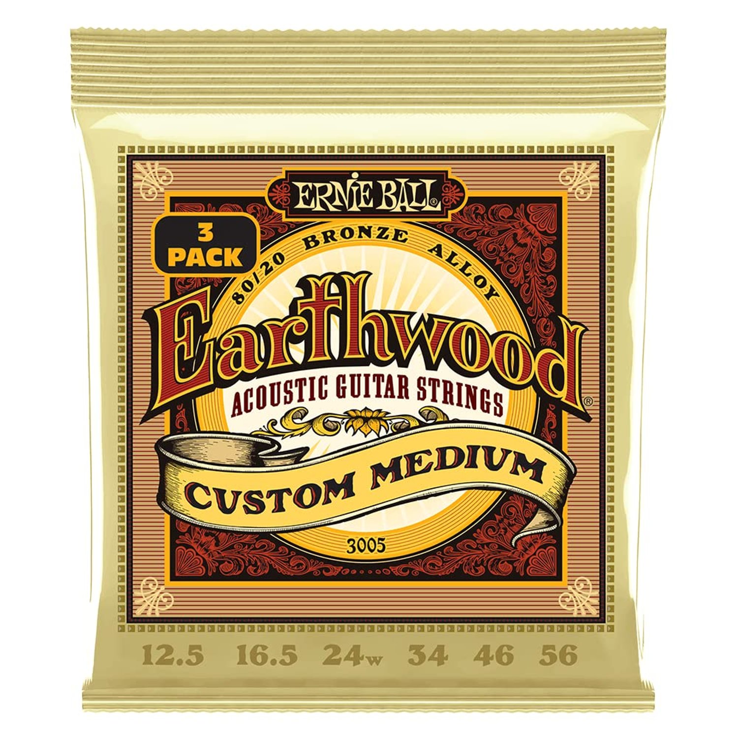 Ernie Ball Earthwood Custom Medium 80/20 Bronze Acoustic Guitar Strings 3-Pack - 12.5-56 Gauge