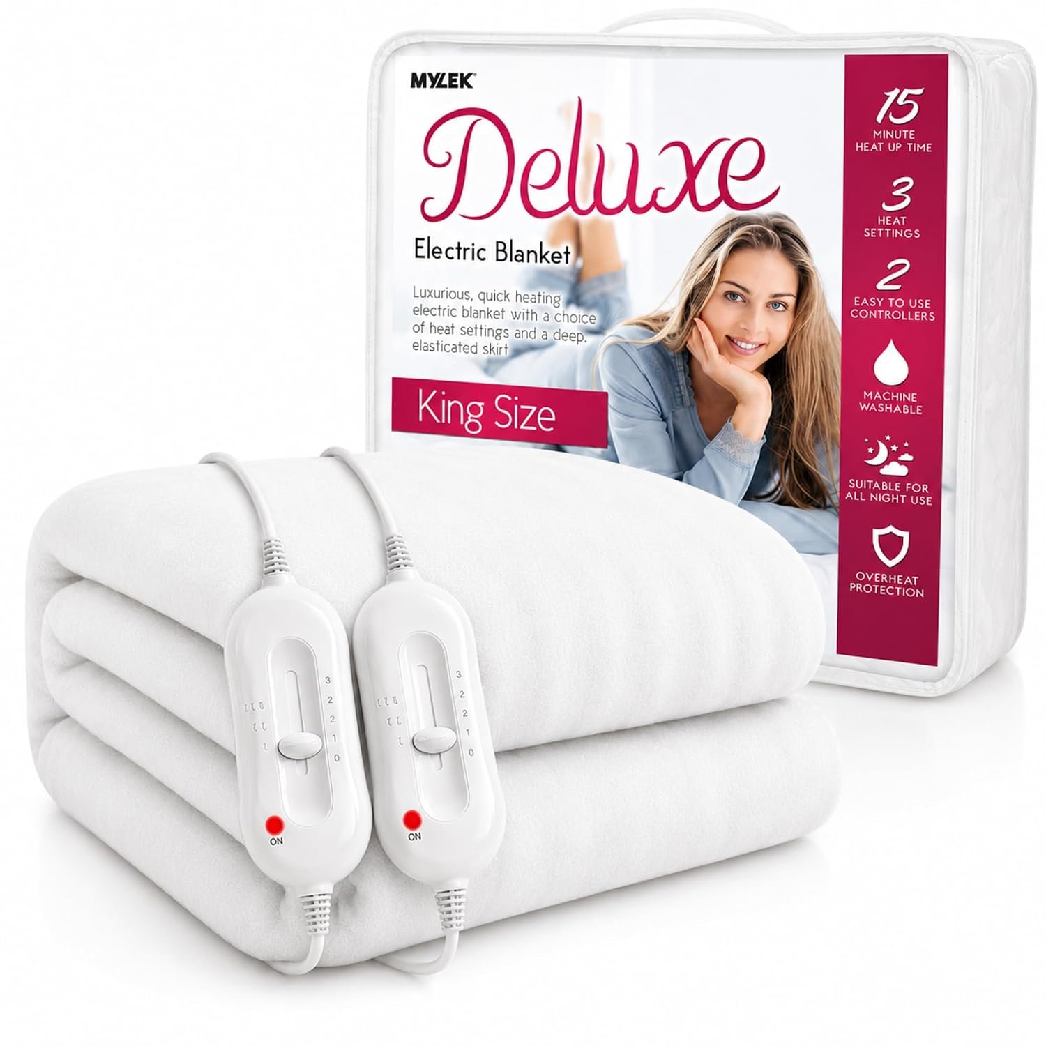 MYLEK Electric Blanket King Size Bed Fitted Heated Mattress Cover Underblanket Dual Control, Elasticated, Skirt 192 x 152 x 40cm, Overheat Protection, Machine Washable, Safe For All Night Use (King)