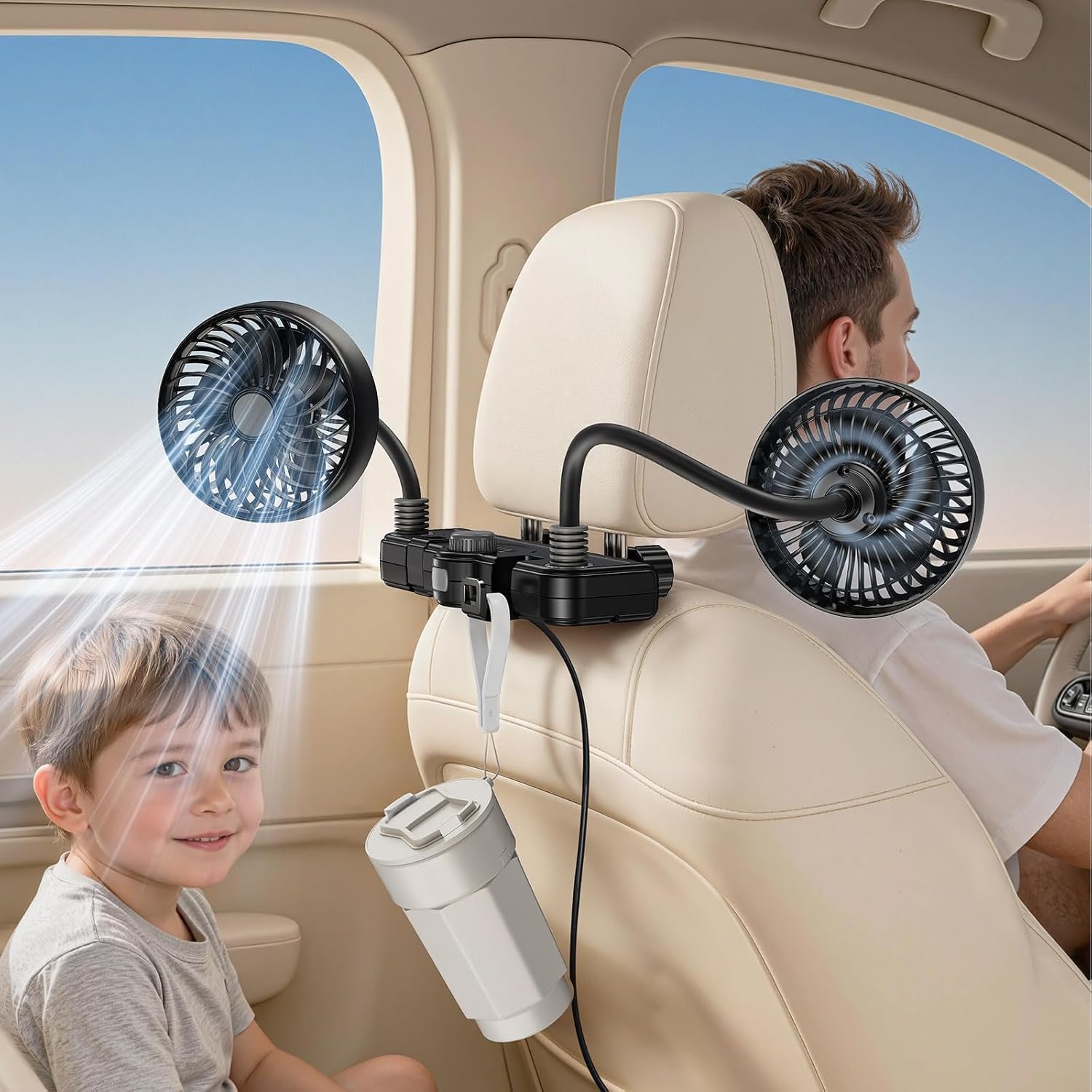 DICMKY Dual Head Gooseneck Car Cooling Fans for Back Seat for Kids, 5v/12v/24v Universal Usb Car Headrest Fan for Baby Rear Facing, Car Seat Cooler That Blow Cold Air for Vehicles Without Ac