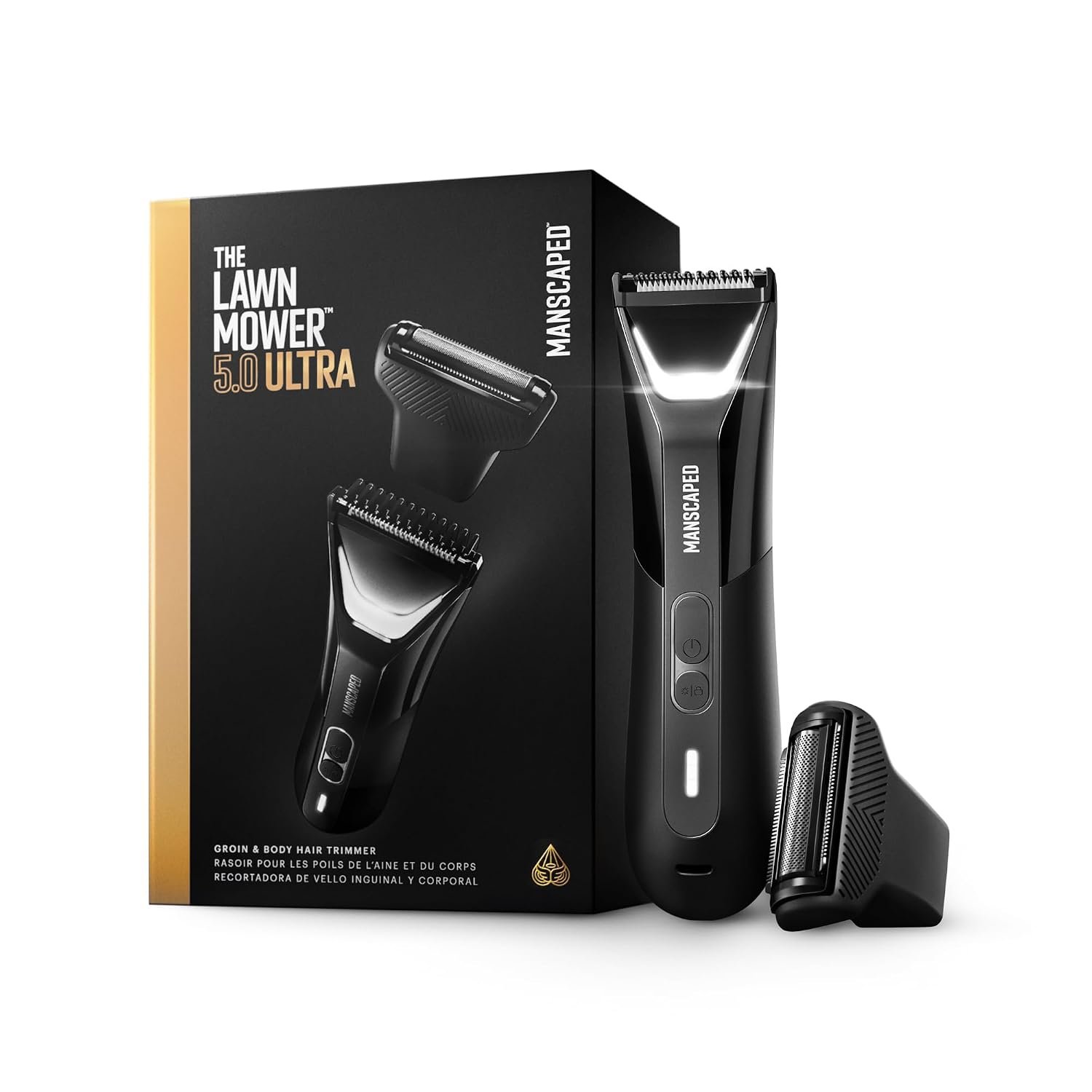 MANSCAPED® The Lawn Mower® 5.0 Ultra Groin & Body Hair Trimmer – Dual-Head SkinSafe® Trimmer & Foil Blades, Waterproof Wet/Dry Groomer, USB-C Rechargeable with Travel Case, Men’s Ball Shaver, Black