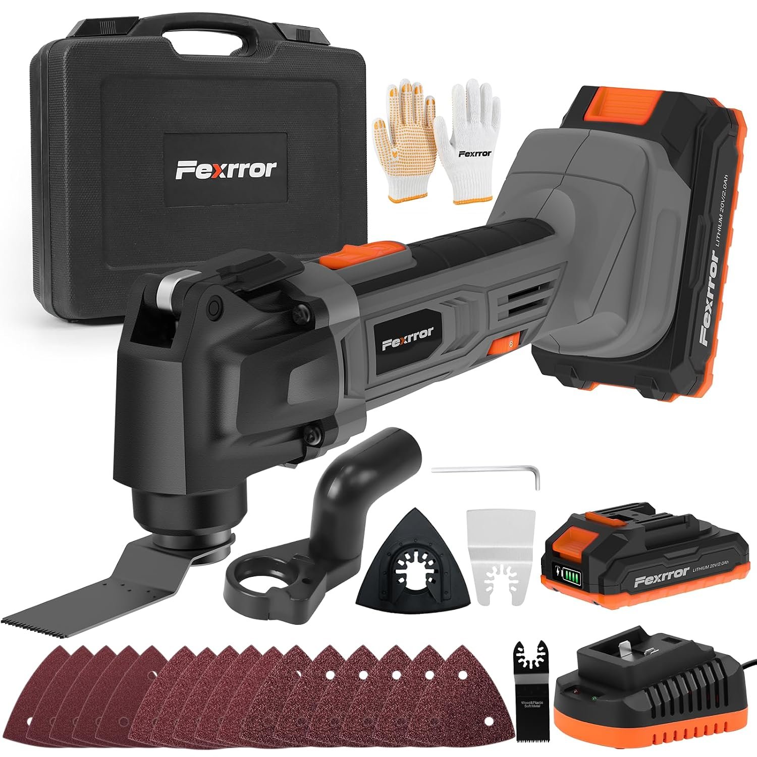 Fexrror Cordless Oscillating Multi Tools, 20V Oscillating Tools with 2000mAh Battery, 6 Variable Speeds, 8000-19000 RPM, Blade Quick-Change, 3.2° Oscillation Angle for Cutting, Sanding, Polishing