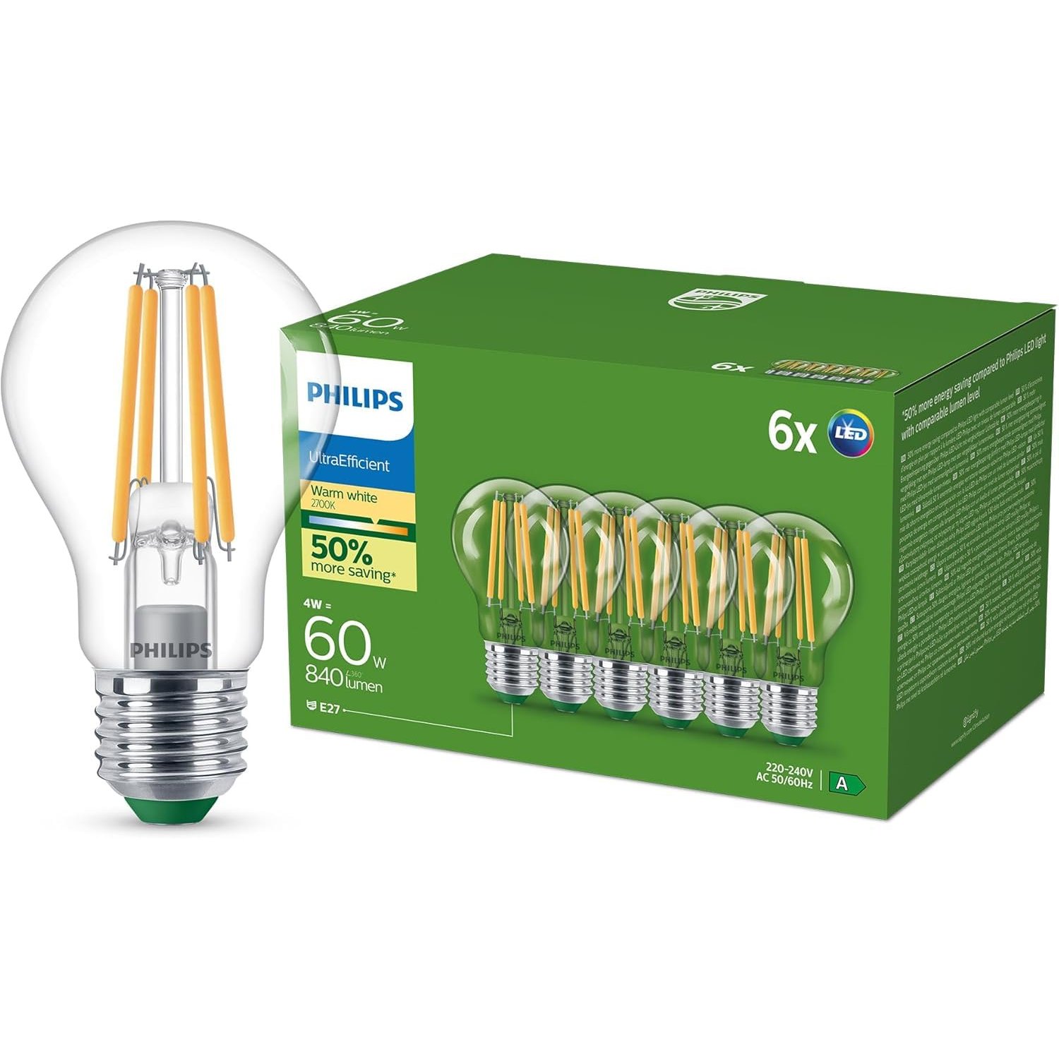 Philips Ultra Efficient LED Bulb, Energy Efficiency Class A, with E27 Socket, 60W, Clear, Warm White 2700K, 6 Pack