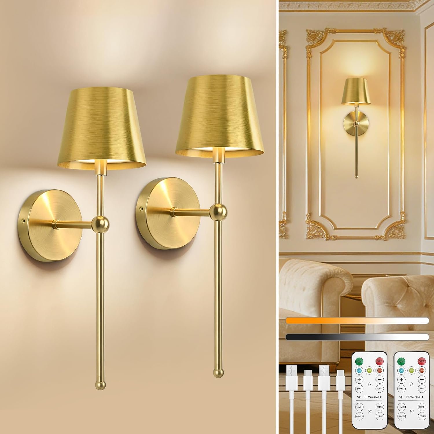 Dehobo Rechargeable Wall Lights Set of 2, Gold Battery Operated Wall Lights Dimmable 3 Colors with Remote, 5200mAh Metal LED Wireless Wall Lamps for Living Room, Bedroom, Dining, Hallway, Paintings