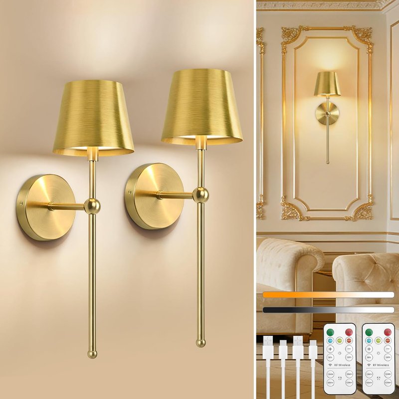 Dehobo Rechargeable Wall Lights Set of 2, Gold Battery Operated Wall Lights Dimmable 3 Colors with Remote, 5200mAh Metal LED Wireless Wall Lamps for Living Room, Bedroom, Dining, Hallway, Paintings