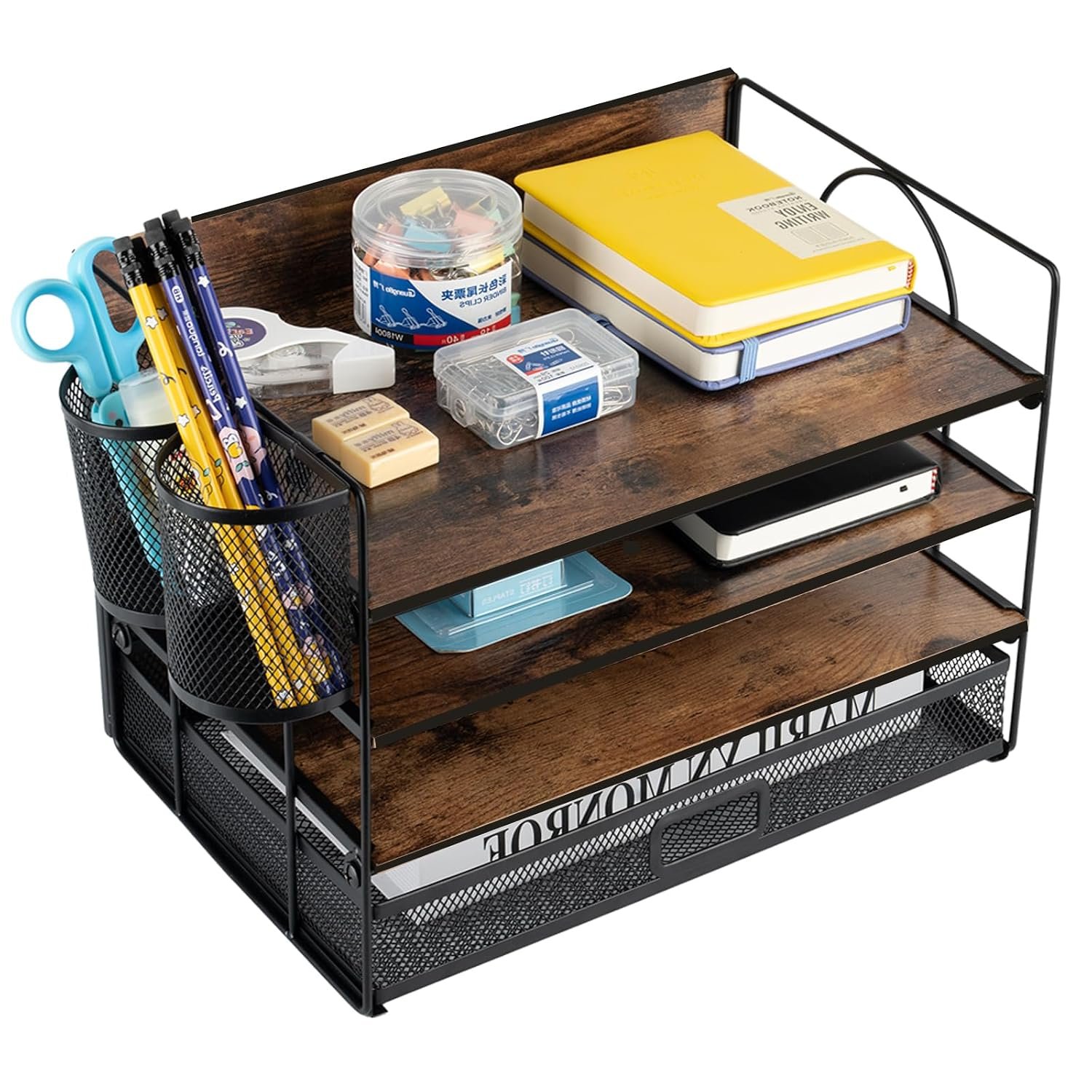 ZNMYDMT 4 Tier Desk Organizers and Accessories, Paper Letter Tray Organizer,Vintage Wood Desk File Organizer with Drawer and 2 Pen Holders for School Home Office Supplies