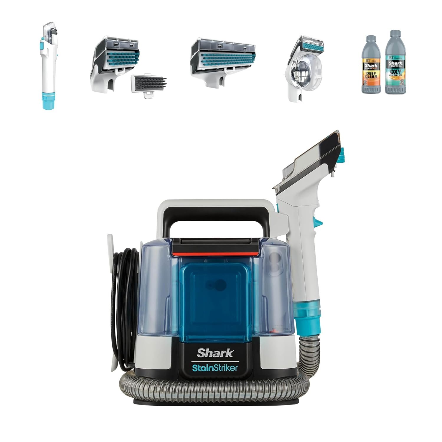 Shark StainStriker Pet Stain and Spot Cleaner, Compact Carpet and Upholstery Cleaner with Powerful Suction, Dual Cleaning Formulas, 4 Tools, Removes Stains, Odours and Dirt, White/Turquoise PX200UKT