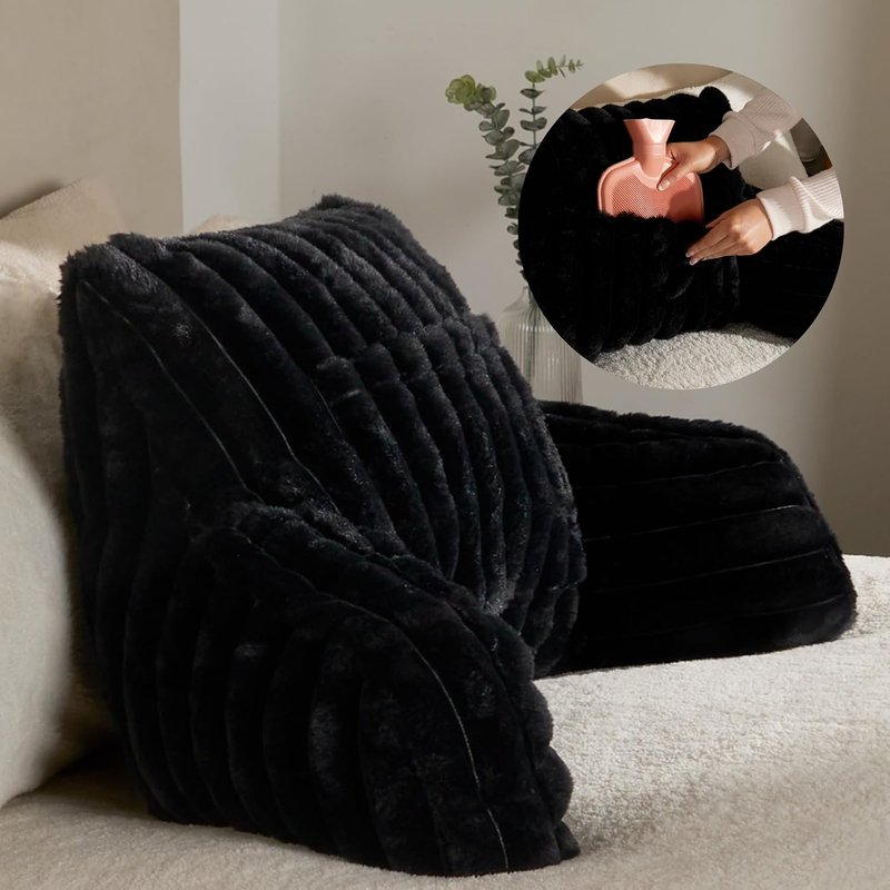 OHS Cuddle Cushion for Adults, Ribbed Faux Fur Reading Pillow Sofy Cosy Gaming Cushion with Heatable Pocket Support Pillow with Arms Bed Cushions Relaxing Comfy, Black