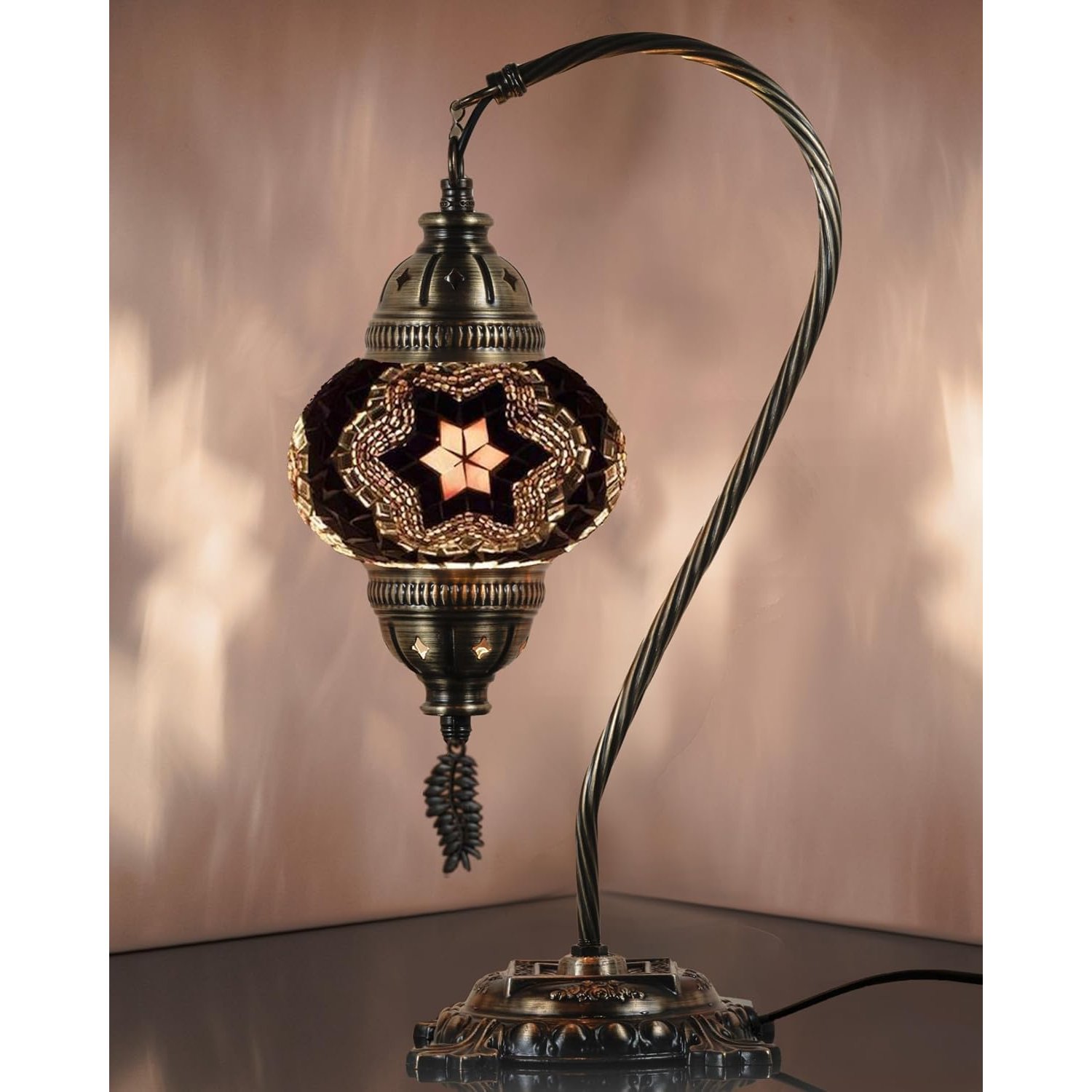 DEMMEX Turkish Moroccan Mosaic Table Lamp–Handcrafted Tiffany-Style Colorful Glass Swan Neck Bedside, Desk Light, Boho Artisan Accent Lighting for Bedroom, Living Room–38cm H, Black-White
