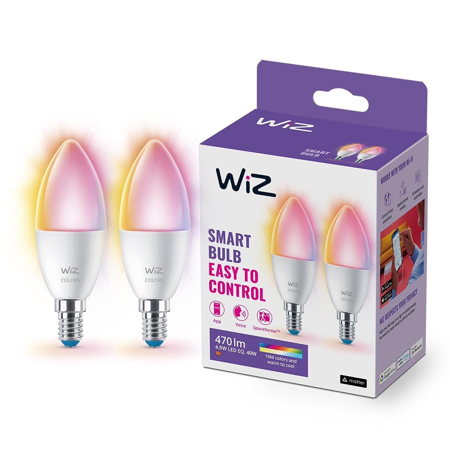 WiZ Smart Bulb, E14 Colour, Smart Dimming LED, Connected WiFi Works with Alexa, Google Assistant & HomeKit, App Control for Home Indoor Lighting, Livingroom, Bedroom, Dining Room, Energy Monitoring