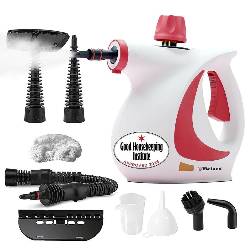 Belaco Handheld Steam Cleaner 1050W High Pressure Steamer – 9 Accessories, Portable Multi-Purpose Chemical-Free Cleaner for Kitchen, Bathroom, Tiles, Grout, Upholstery & Car | GHI Approved