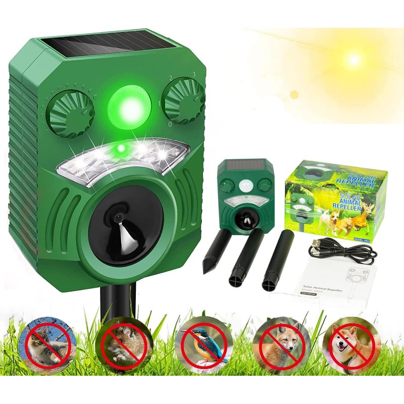 Joomouney Cat Repellent, Cat Repellent Deterrent for Gardens UK, Animal Scarer Ultrasonic Deterrent with PIR Sensor & Flash 5 Adjustment Modes, IPX4 Waterproof Solar USB Charging for Dog Fox Bird