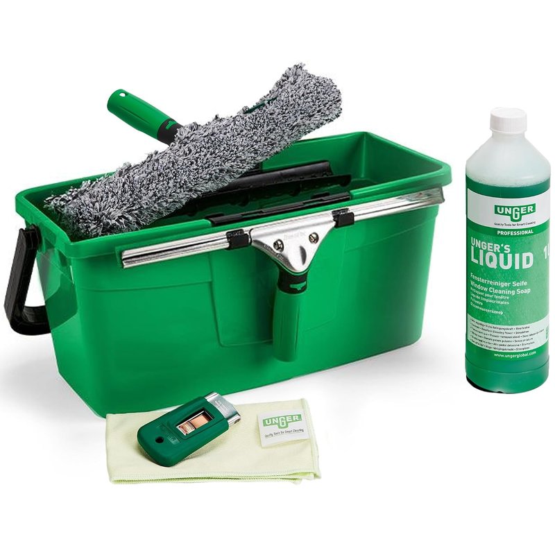 UNGER Window Cleaning Kit PRO Set - Power Washer Sleeve, ErgoTec Squeegee, Bucket 12L, Liquid Glass Cleaner 1L, Safety Glass Scraper, Microfibre Cloth - Professional Window Cleaner Equipment